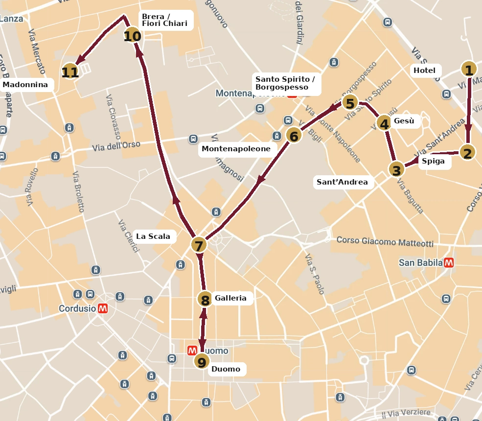 Monday Milan walking route with numbered checkpoints over a real street map