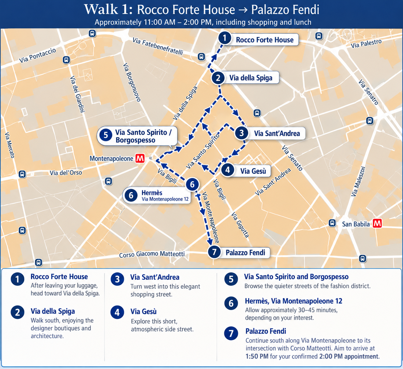 Walk 1: numbered walking map from Rocco Forte House to Palazzo Fendi